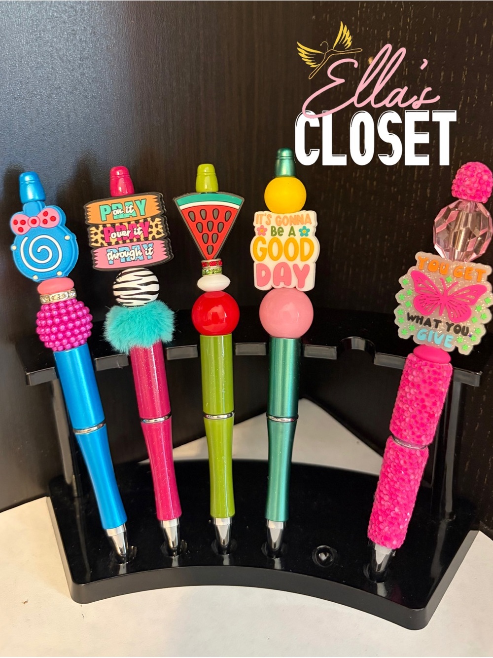 Decorative Set of 5 Bead Top Pens - Multi-Color Cute Character Tops